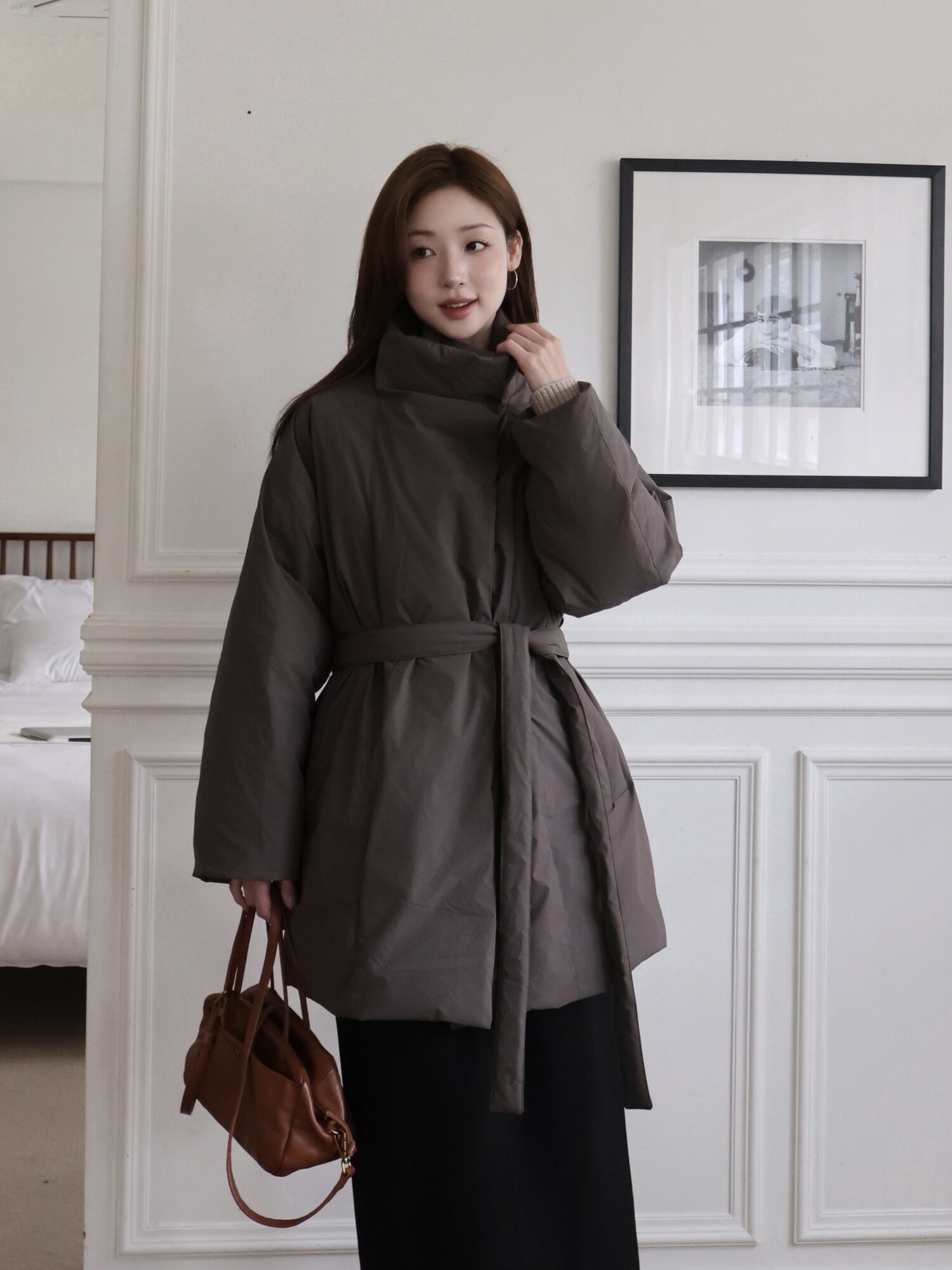 벨티드 오버핏 하이넥 덕다운 점퍼 (BROWN)