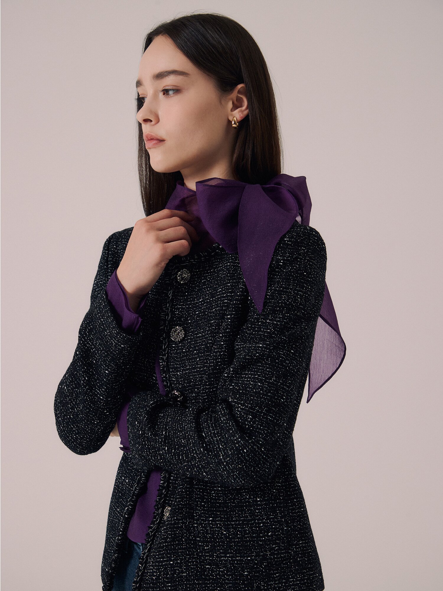 글리터 울 트위드 라운드넥 재킷 (BLACK)