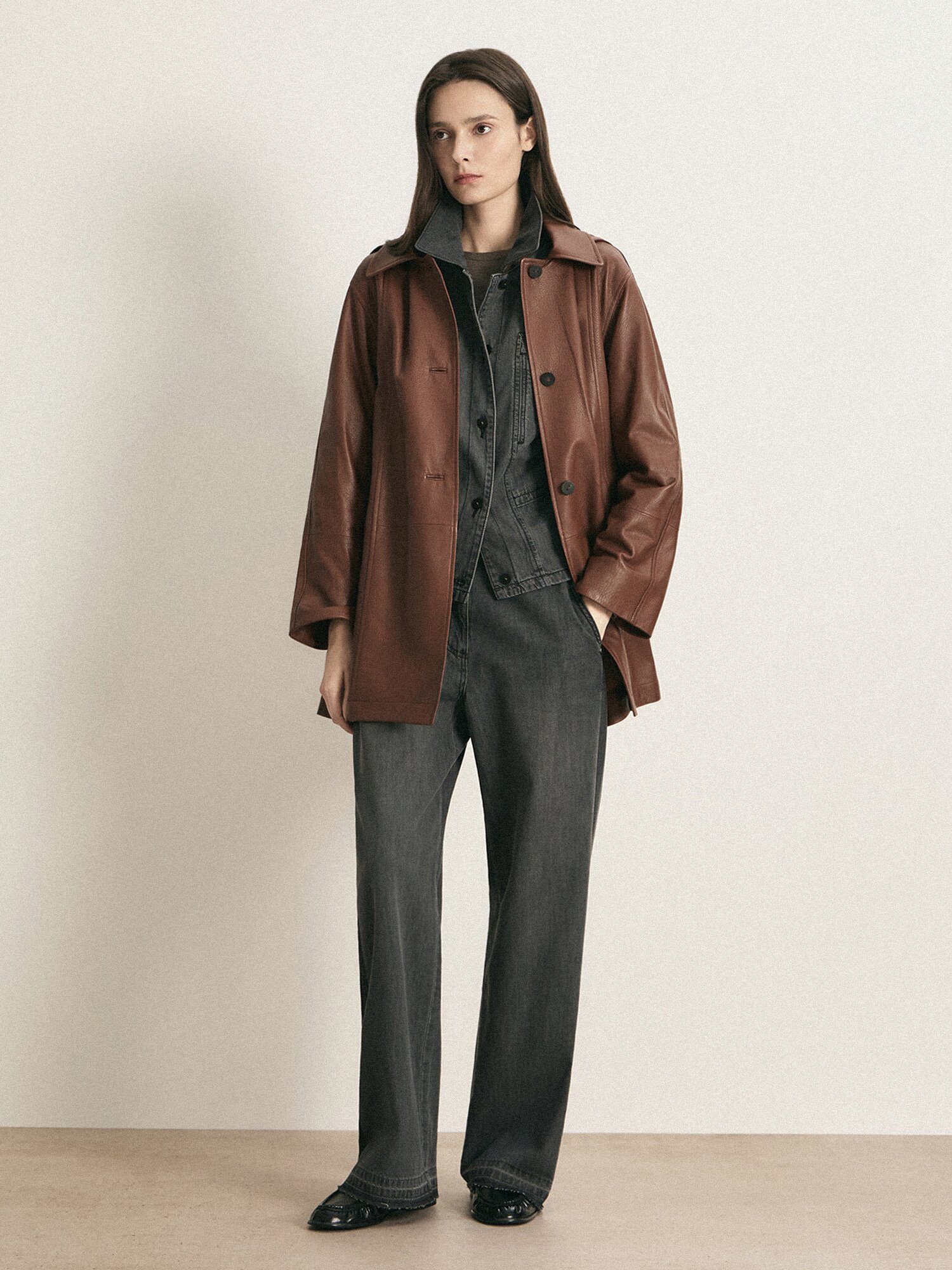 램스킨 싱글 버튼 트렌치 코트 (BROWN)