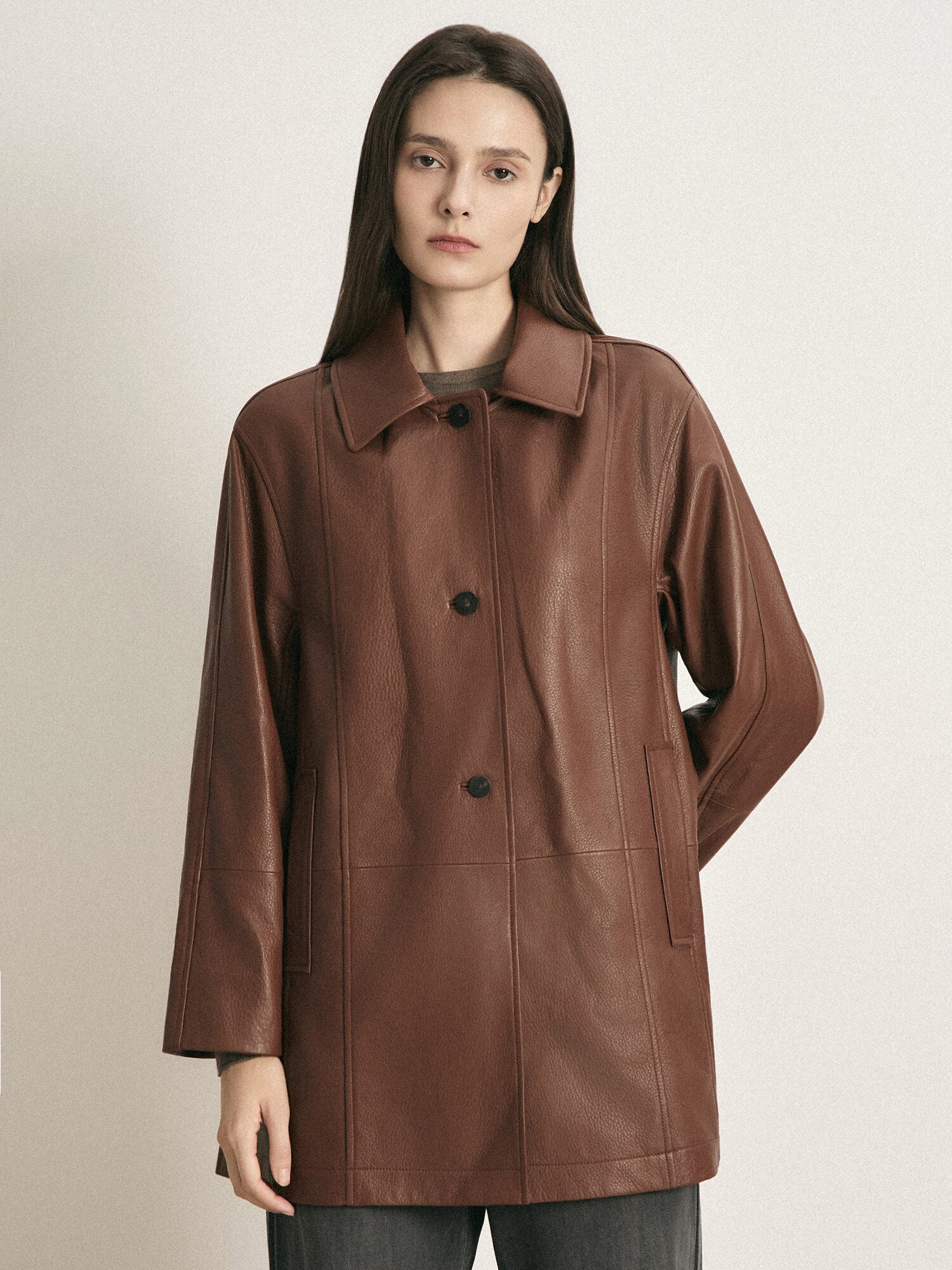 램스킨 싱글 버튼 트렌치 코트 (BROWN)