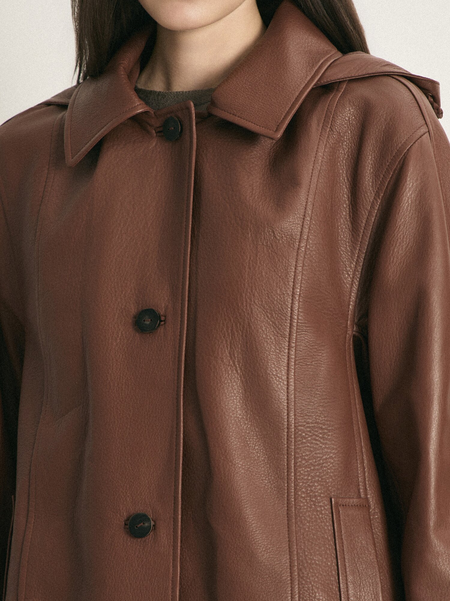 램스킨 싱글 버튼 트렌치 코트 (BROWN)