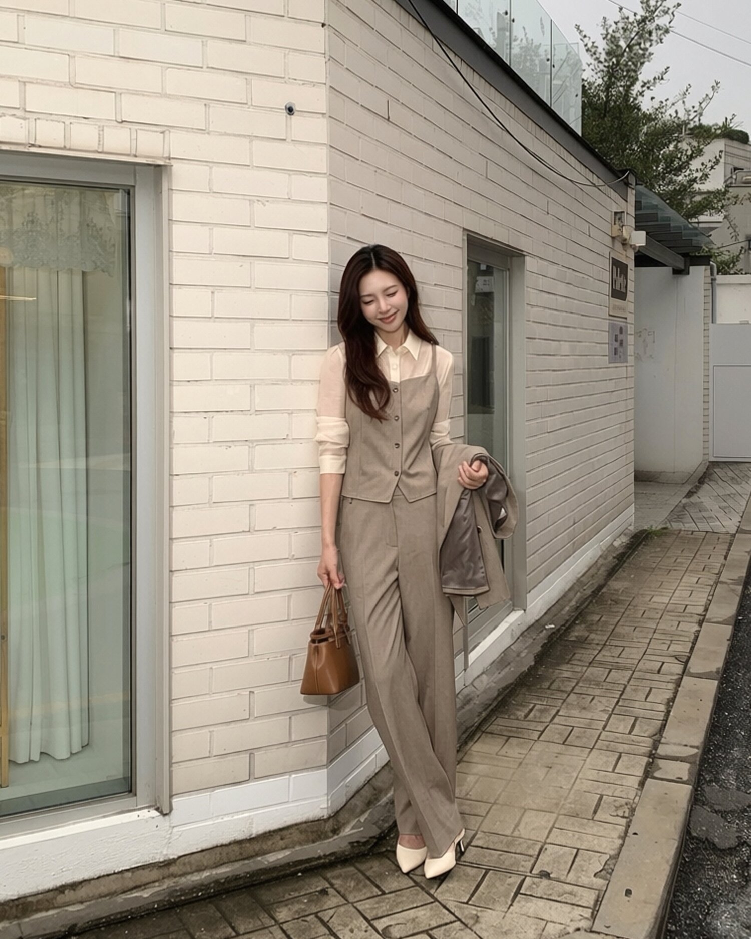 포멀 히든 버튼 일자핏 팬츠 (MELANGE BROWN)