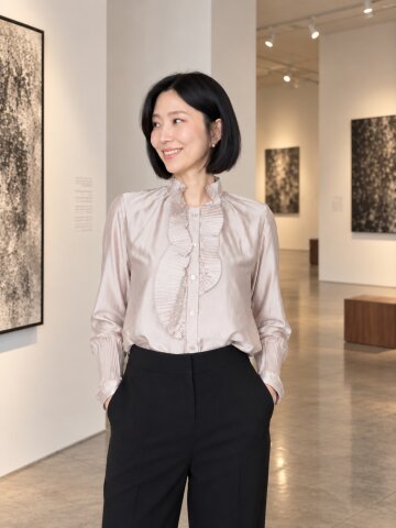 플리츠 러플 하이넥 블라우스 