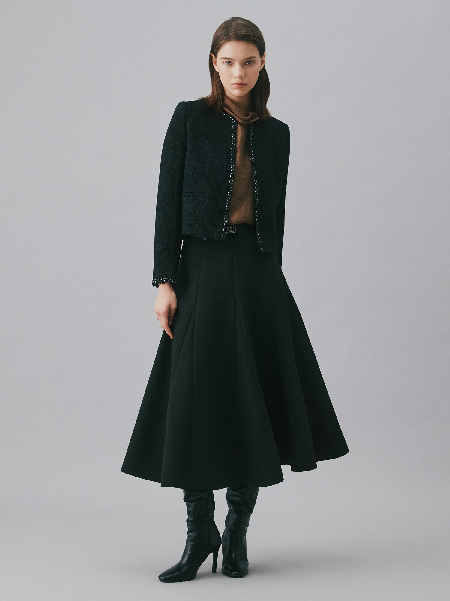 트위드 브레이드 크롭 재킷 (BLACK)