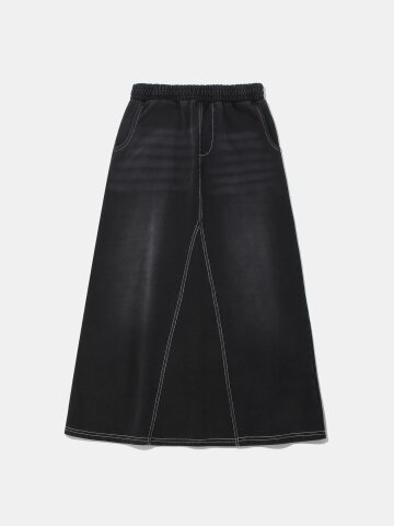 CAT WASHED DENIM TERRY A-LINE SKIRT_BLACK DENIM