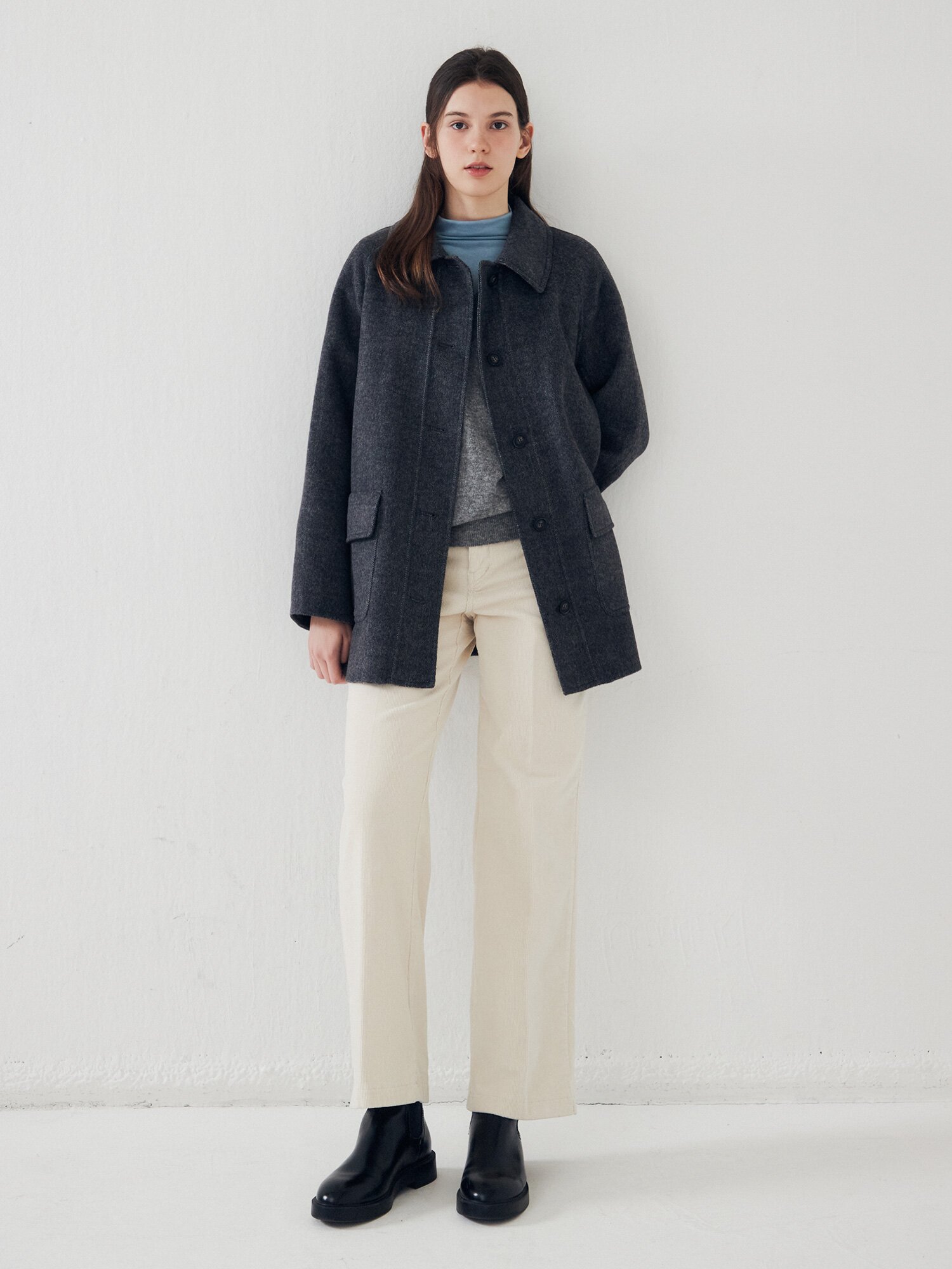 울 블렌드 헤링본 핸드메이드 코트 (DARK GREY)