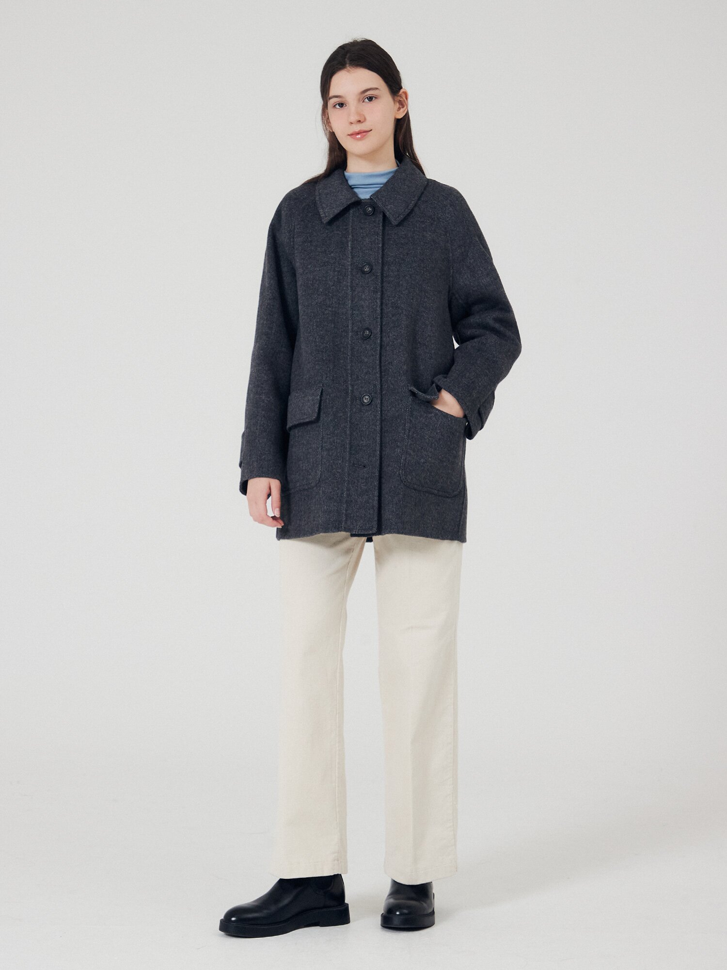 울 블렌드 헤링본 핸드메이드 코트 (DARK GREY)