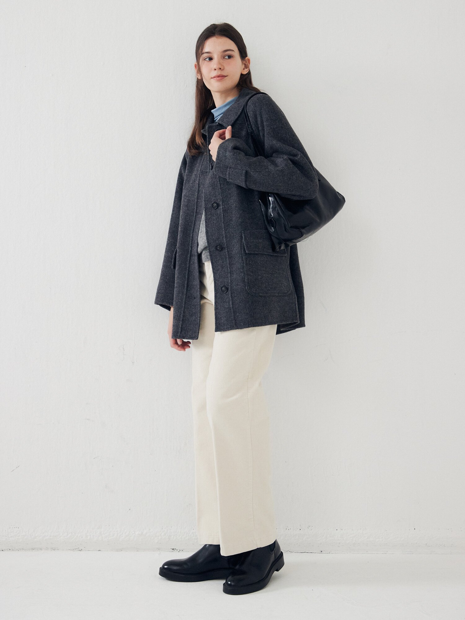 울 블렌드 헤링본 핸드메이드 코트 (DARK GREY)