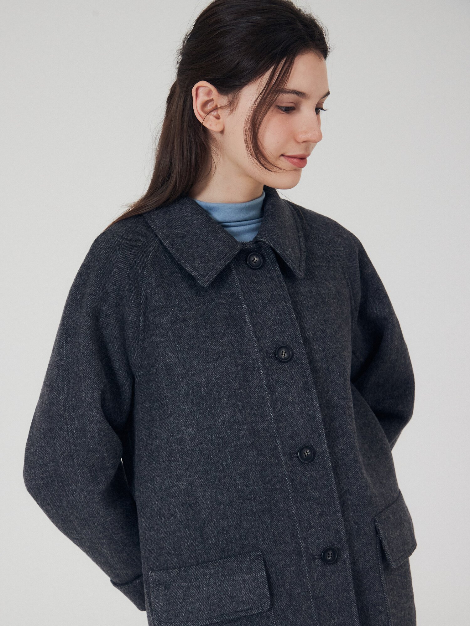 울 블렌드 헤링본 핸드메이드 코트 (DARK GREY)