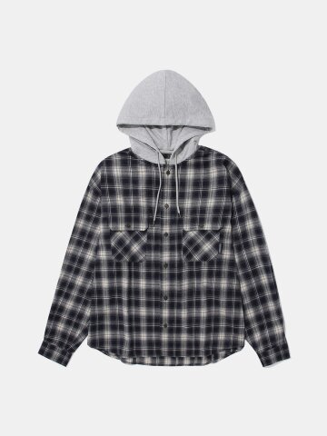FLANNEL CHECK LAYERED HOOD SHIRT_NAVY