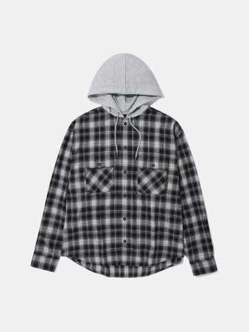 FLANNEL CHECK LAYERED HOOD SHIRT_BLACK