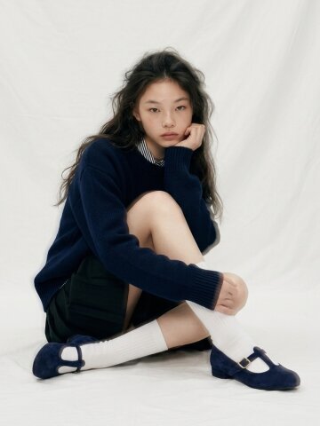 ANNE_dark navy T스트랩 스웨이드 플랫슈즈.