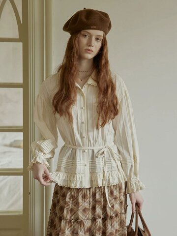PM_Waist tie ruffle cotton blouse