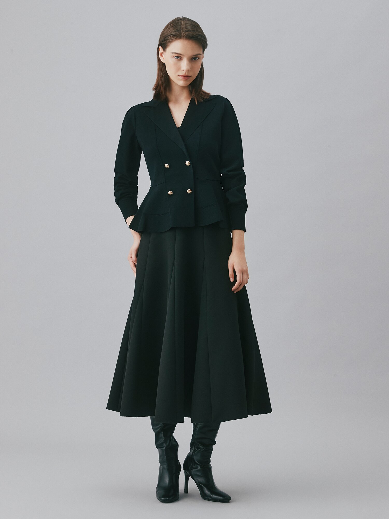 테일러드 더블 페플럼 가디건 (BLACK)