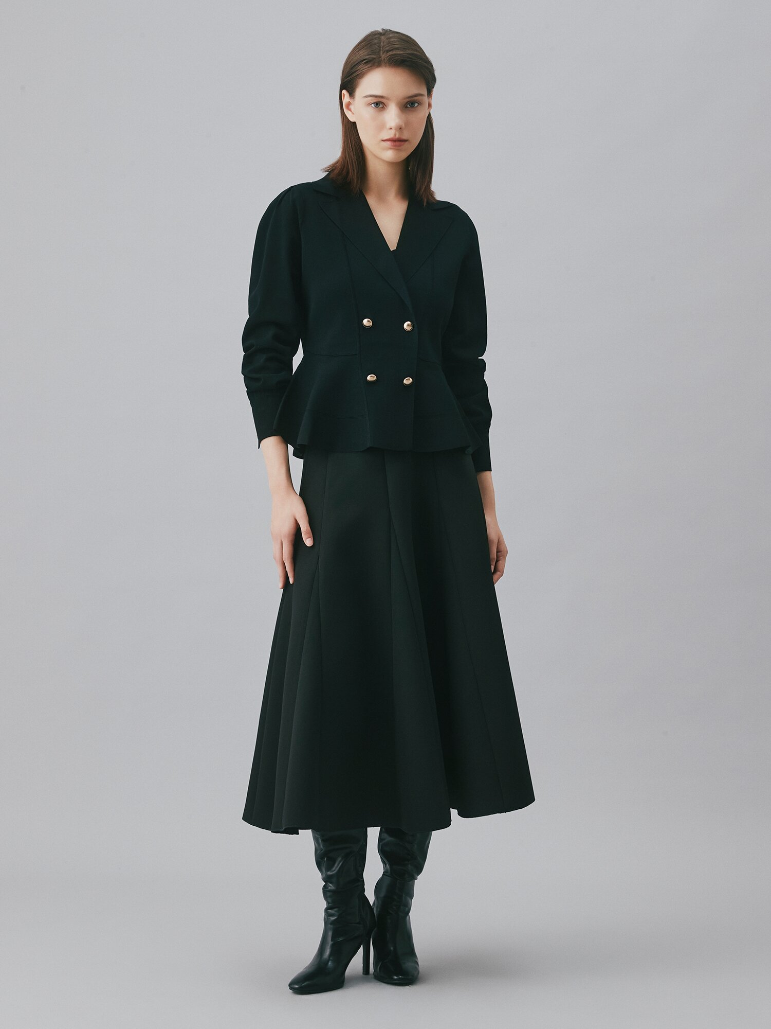 테일러드 더블 페플럼 가디건 (BLACK)