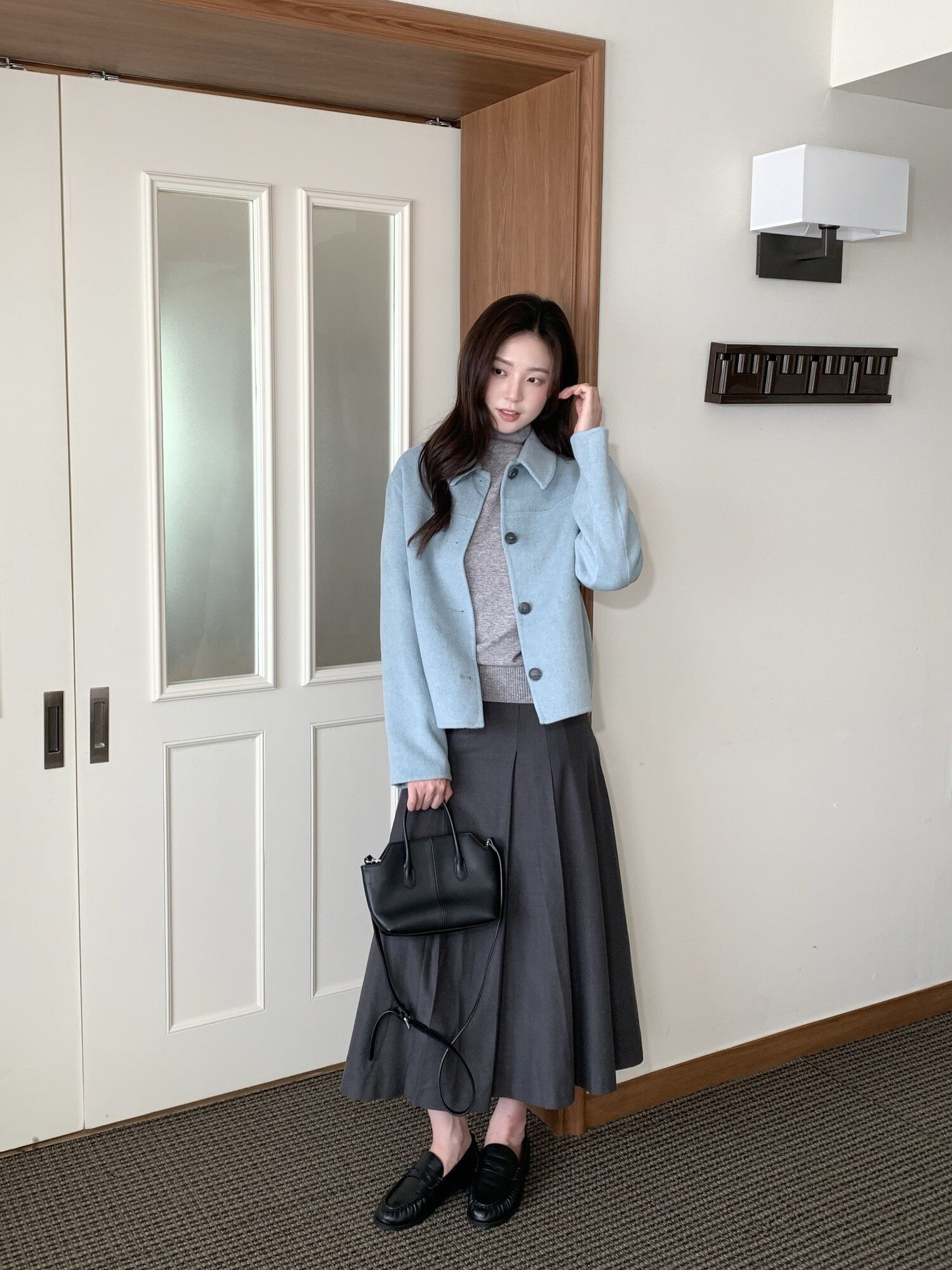 울 싱글 칼라 핸드메이드 재킷 (LIGHT BLUE)