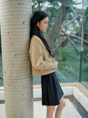 스웨이드 싱글 칼라 크롭 재킷 