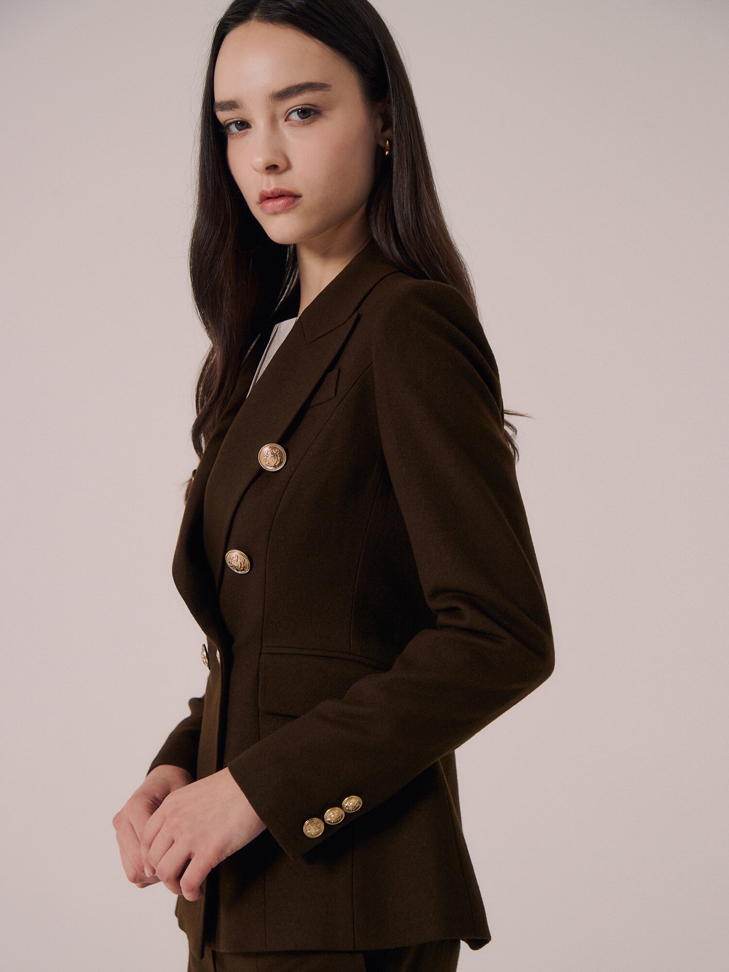 포멀 울 피크드 라펠 더블 재킷 (OLIVE)