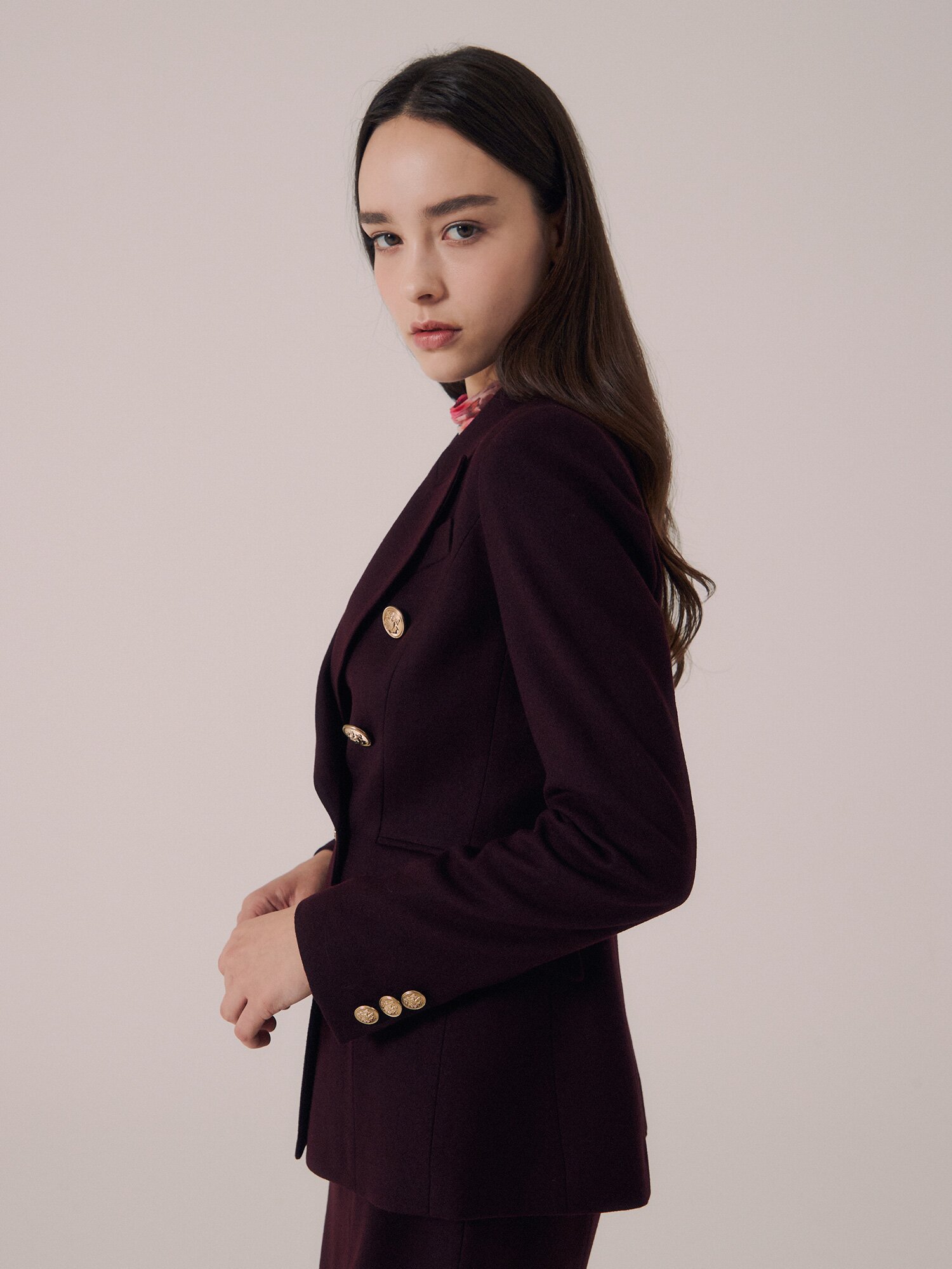 포멀 울 피크드 라펠 더블 재킷 (BURGUNDY)