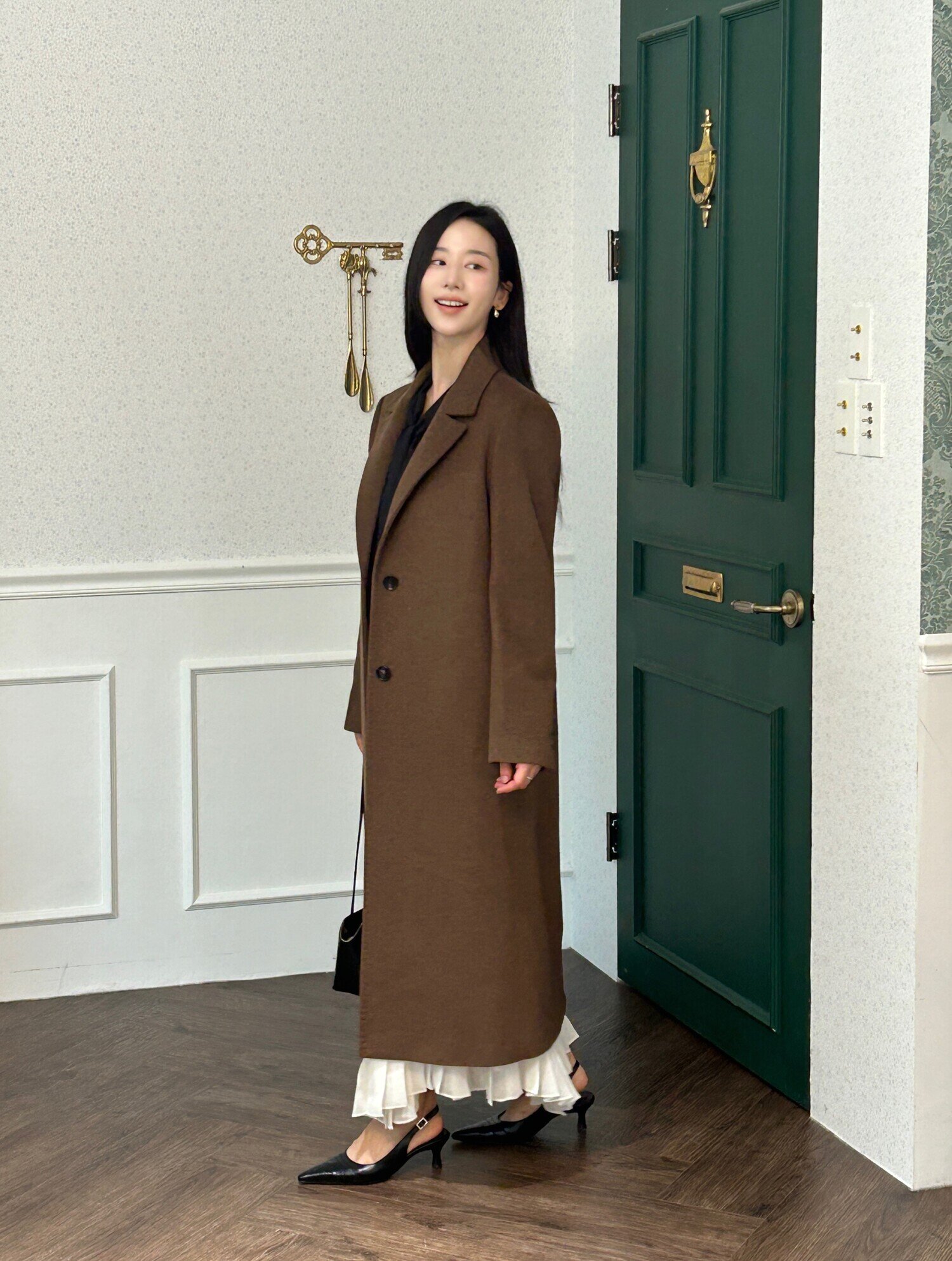 캐시미어 백 슬릿 싱글 롱 코트 (MELANGE BROWN)