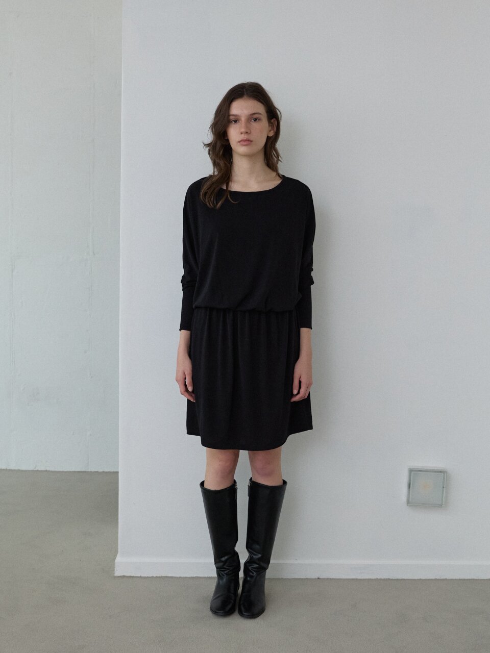 Drape Shirring Mini Dress_Black