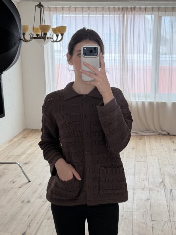 Cotton Collar Button Cardigan_Brown