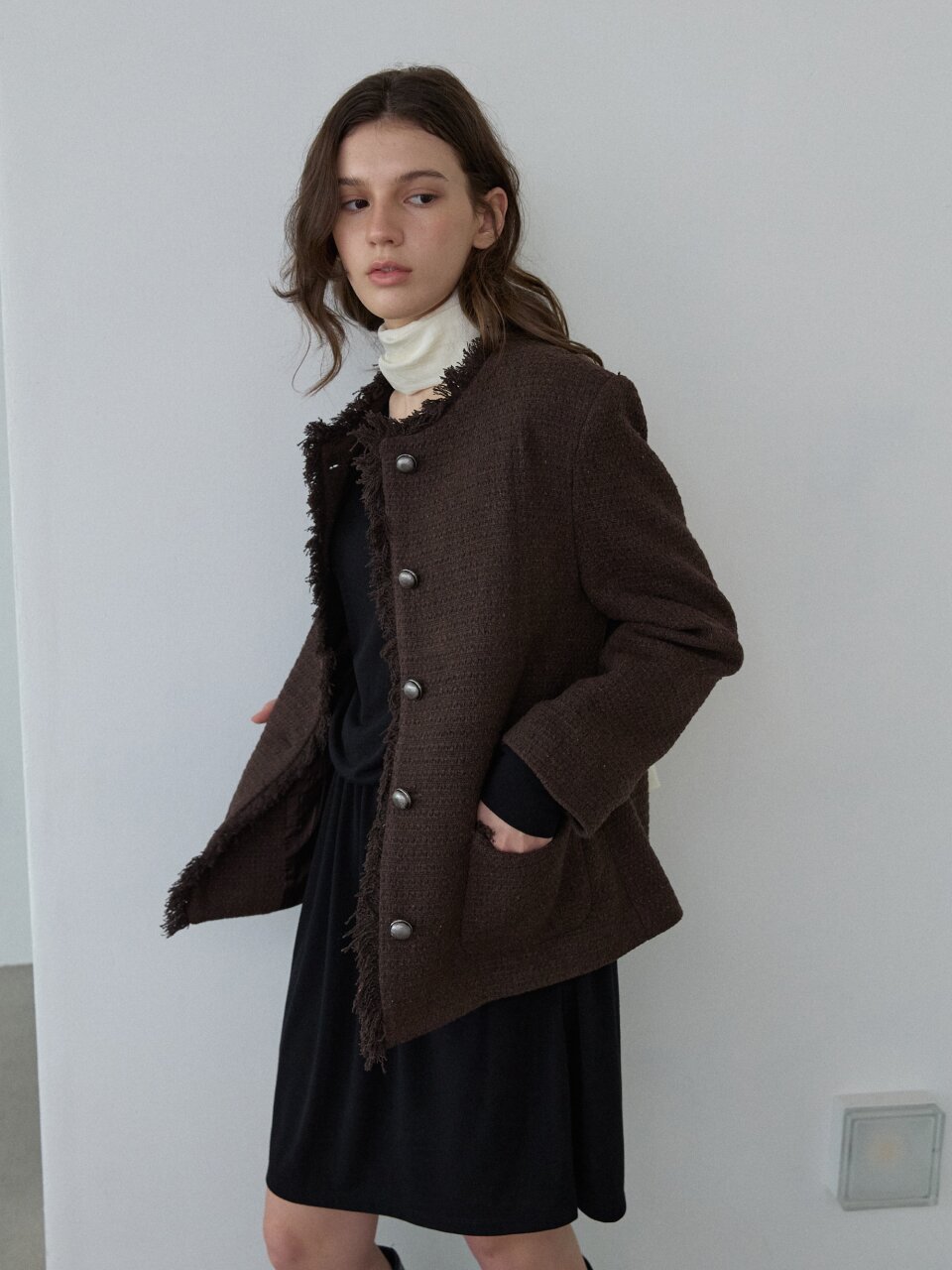 Antique Fringe Tweed Jacket_Brown