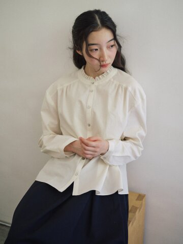 Ruffle Shirring Cotton Blouse_CREAM