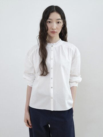 Ruffle Shirring Cotton Blouse_WHITE