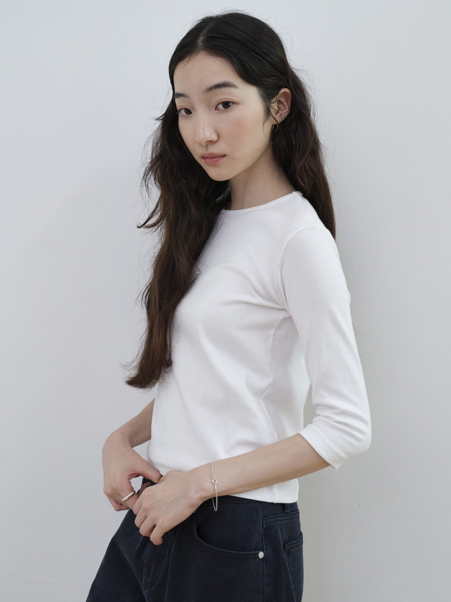 Basic 3/4 Sleeve Slim TEE_WHITE