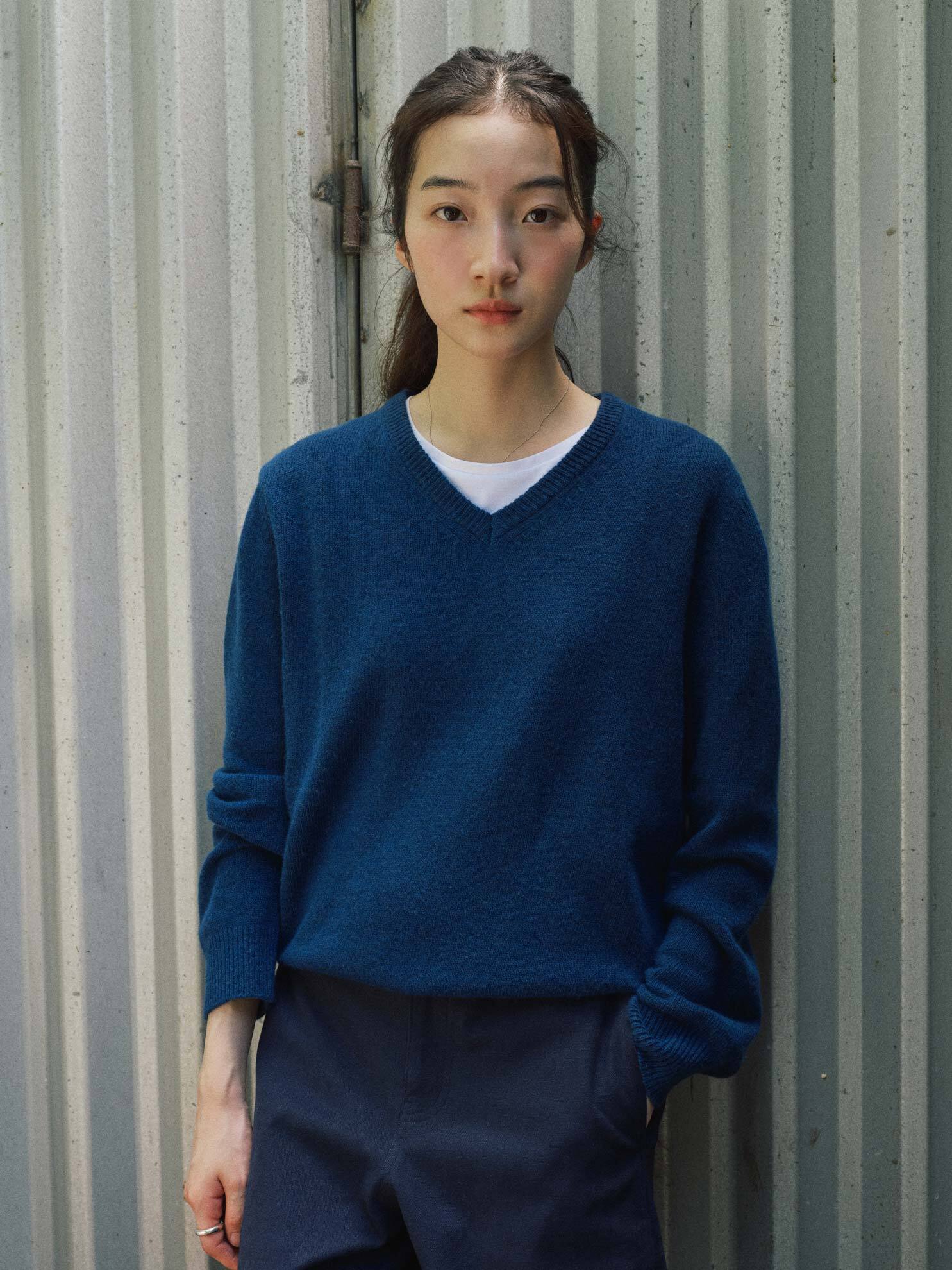 Cashmere Superfine Wool V-Neck Knit_BLUE 
