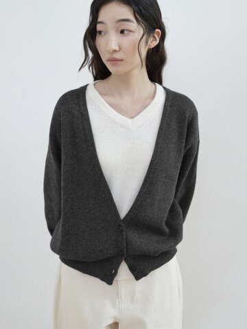 Superfine Wool Deep V-Neck Cardigan_CHARCOAL