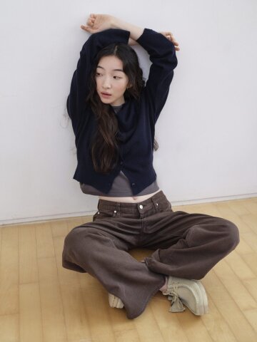 Cashmere whole garment round cardigan_NAVY