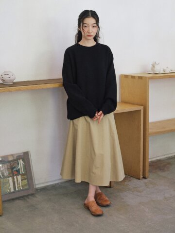 Cotton Panel Flare Skirt_BEIGE