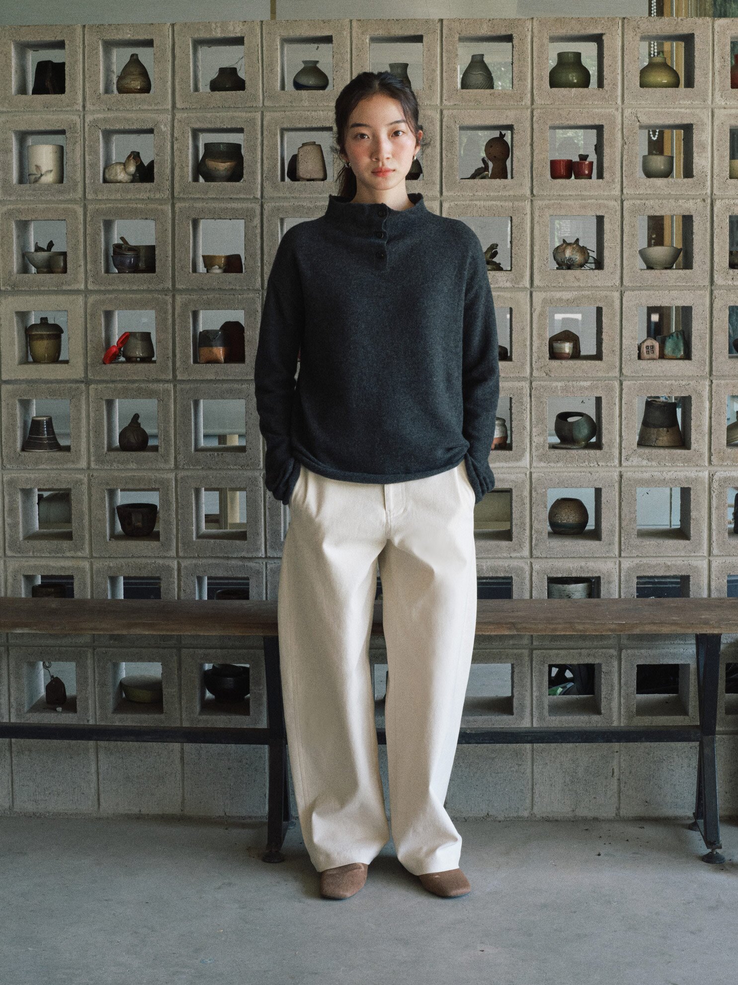Cotton Stretch Curved Pants_IVORY
