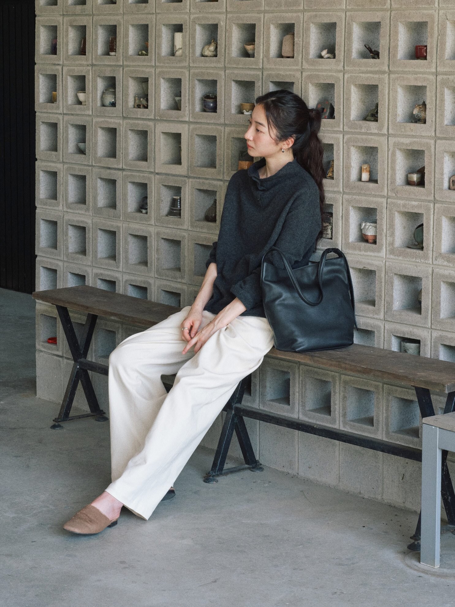 Cotton Stretch Curved Pants_IVORY
