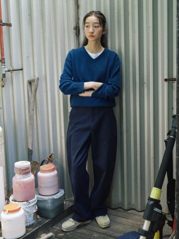 Cotton Stretch Curved Pants_NAVY