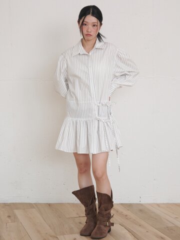 스트라이프 더블 스트랩 셔츠 미니 원피스 아이보리