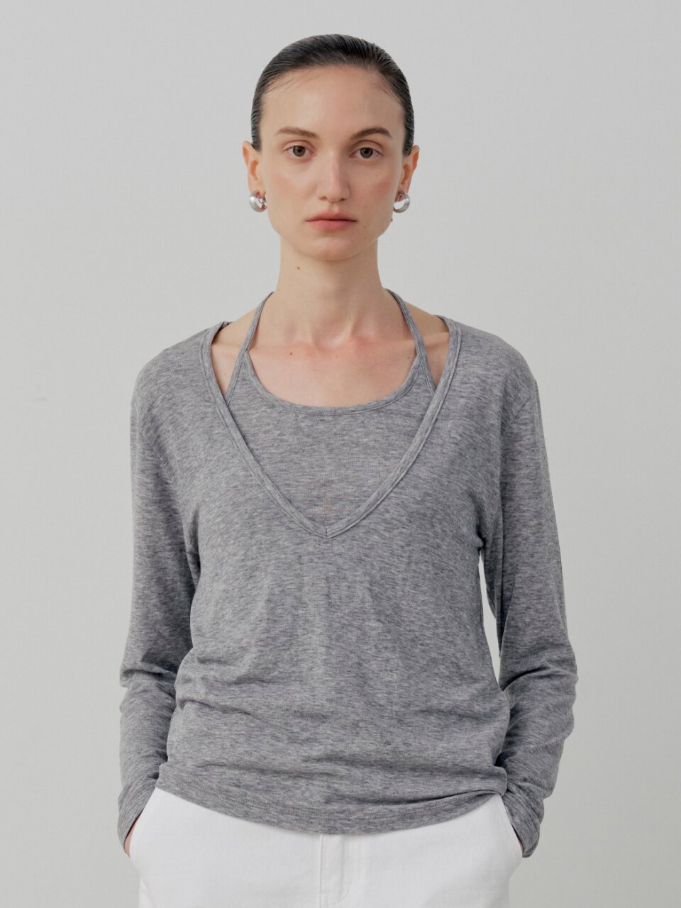 [Set-Up] Soft Tencel Halter Layered T-Shirt - Melange Gray