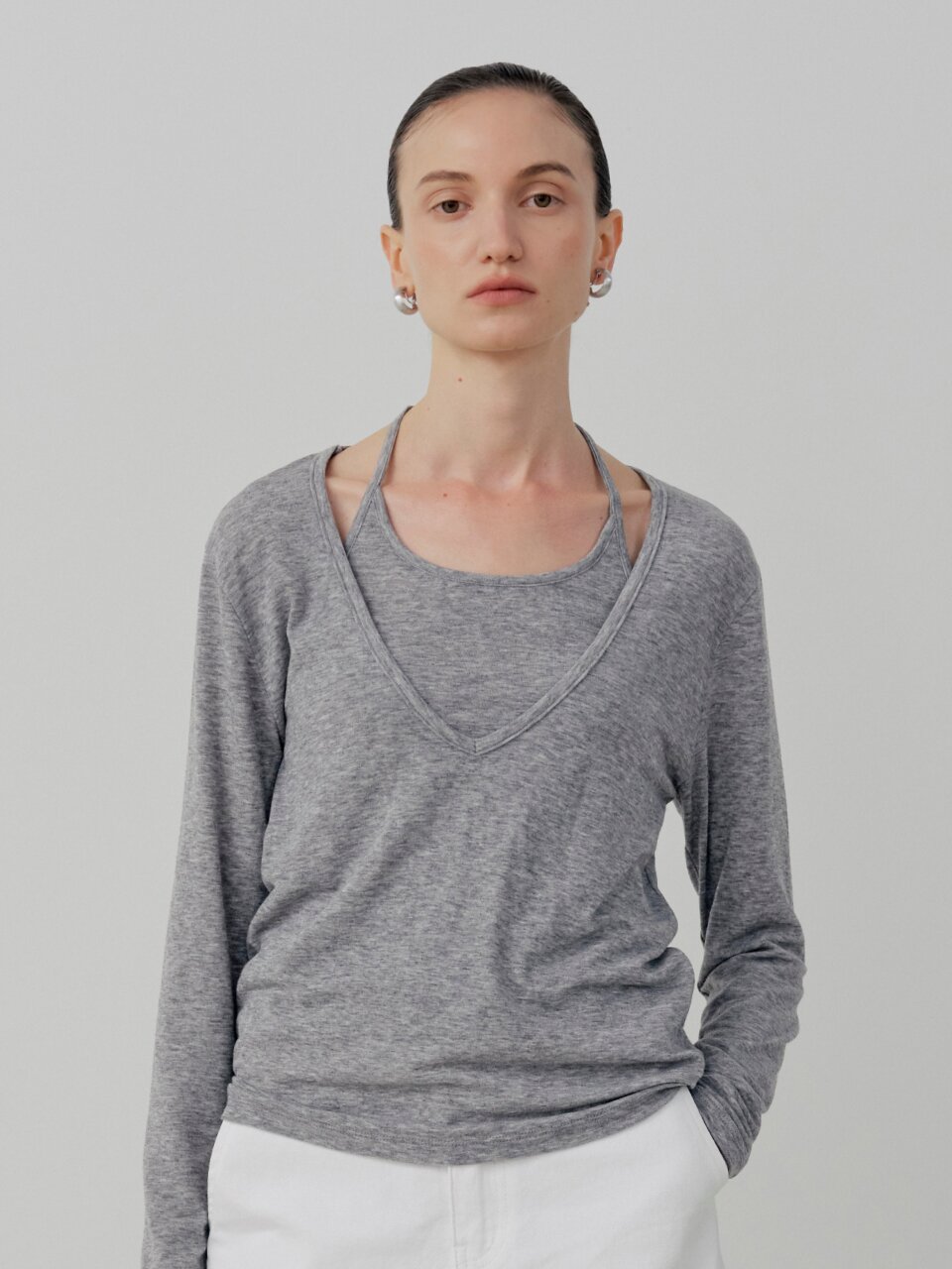 [Set-Up] Soft Tencel Halter Layered T-Shirt - Melange Gray