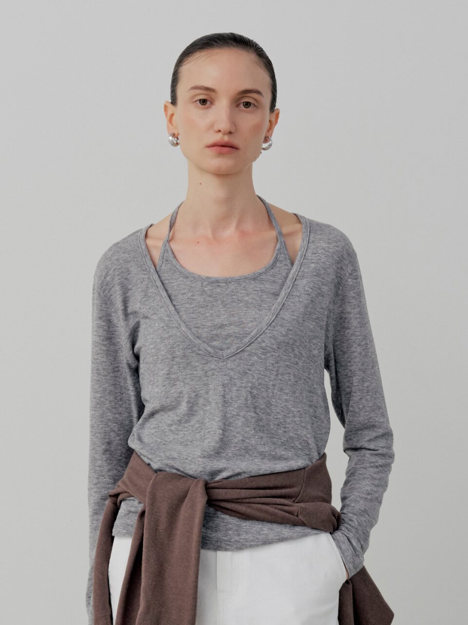 [Set-Up] Soft Tencel Halter Layered T-Shirt - Melange Gray