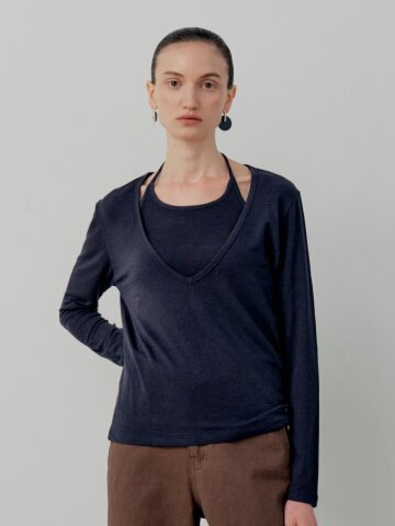 [Set-Up] Soft Tencel Halter Layered T-Shirt - Navy