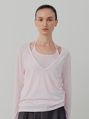 [Set-Up] Soft Tencel Halter Layered T-Shirt - Pink