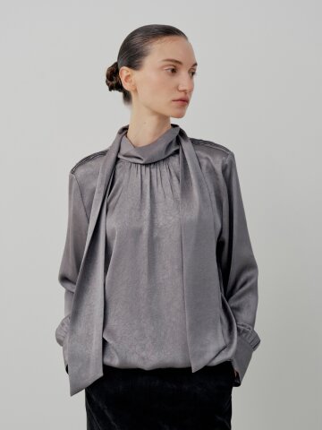 Classic Satin Tie Drape Blouse - Gray