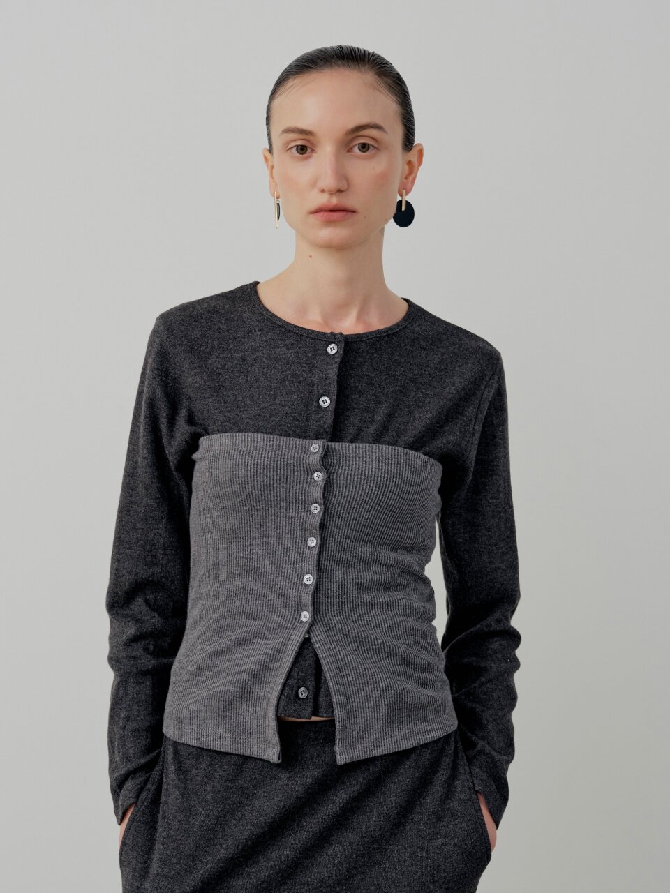 Basic Rib Button Bustier - Charcoal