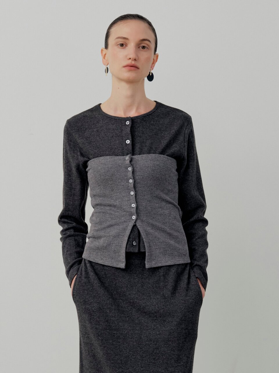 Basic Rib Button Bustier - Charcoal