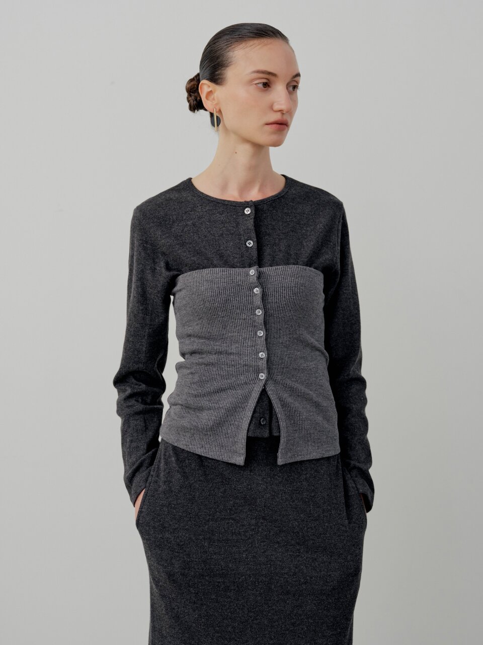 Basic Rib Button Bustier - Charcoal