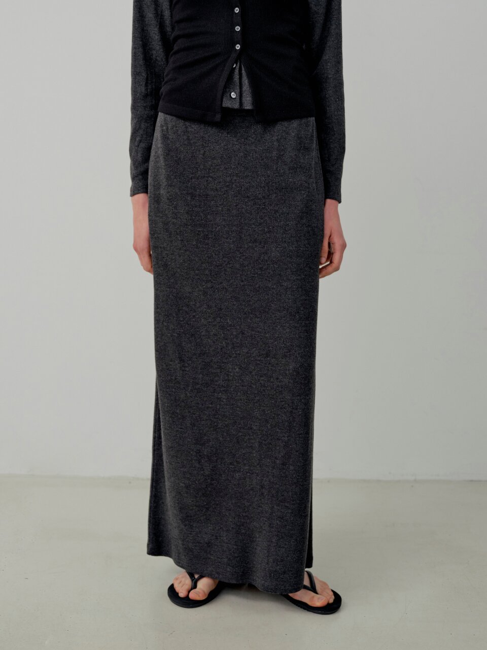 Classic Rib Knit Banding Long Skirt - Charcoal