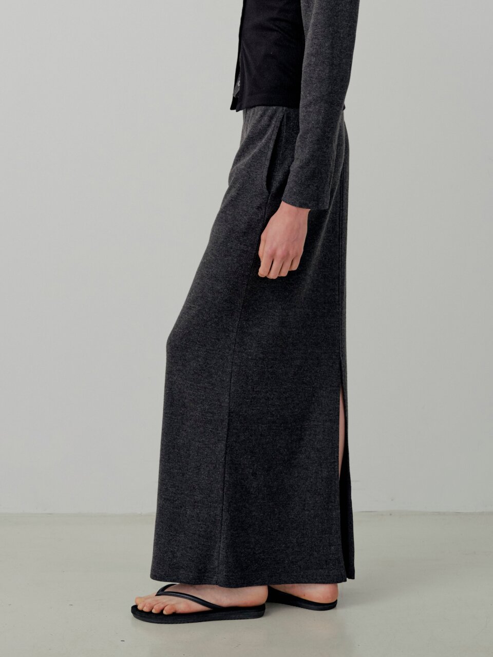 Classic Rib Knit Banding Long Skirt - Charcoal