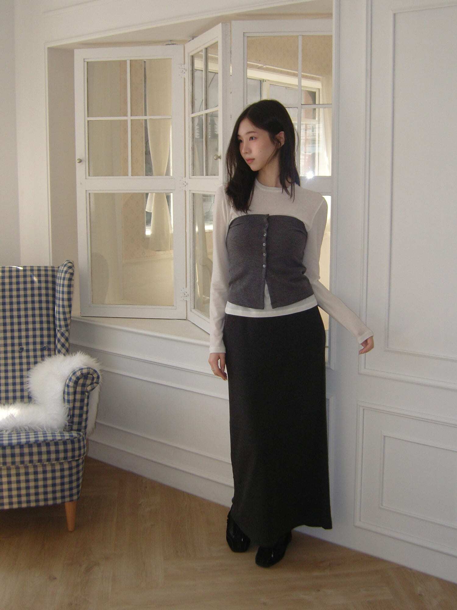 Classic Rib Knit Banding Long Skirt - Charcoal